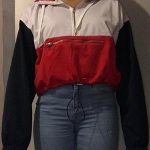 red/white/navy crop top/hoodie with pocket